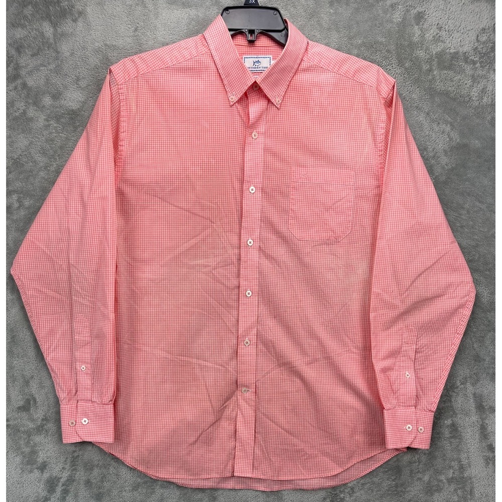 Southern Tide Men's Shirt Sz L Orange Micro-Plaid‎ Long Sleeve Button Up